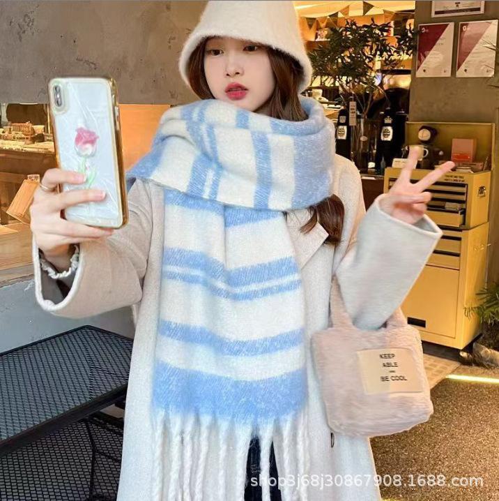 Iceland sea salt blue scarf women's autumn and winter new mohair solid color versatile scarf warm imitation cashmere shawl
