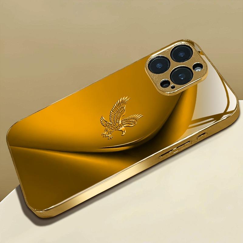 Simple Line Eagle Pattern Gold Metallic Paint Glass Phone Case For iPhone 17 16 15 14 13 12 11 Pro Max 14 Plus 17 Air 16E Cover