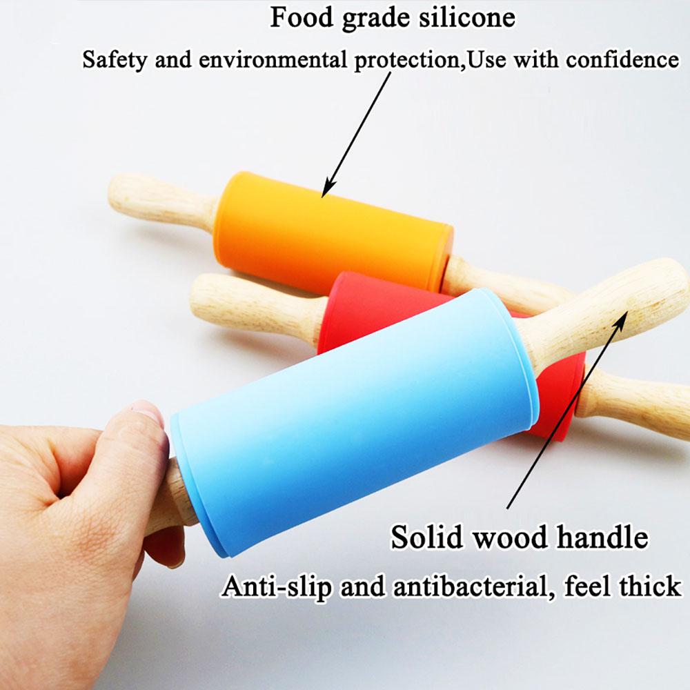 Silicone world Non-Stick Silicone Rolling Pin Wooden Handle Fondant DIY Pastry Dough Flour Roller Kitchen Baking Cooking Tools