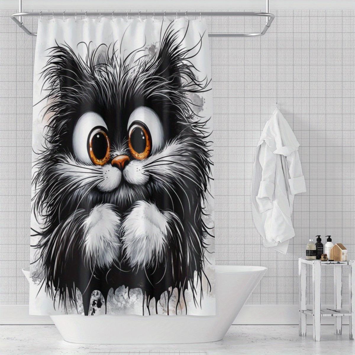 

Cute Black And White Cat Shower Curtain Fluffy Kitten Art Cartoon Design Pet Lover Decor Waterproof Fabric Bath Curtain Set Home W60H190(CM)-1 Pcs