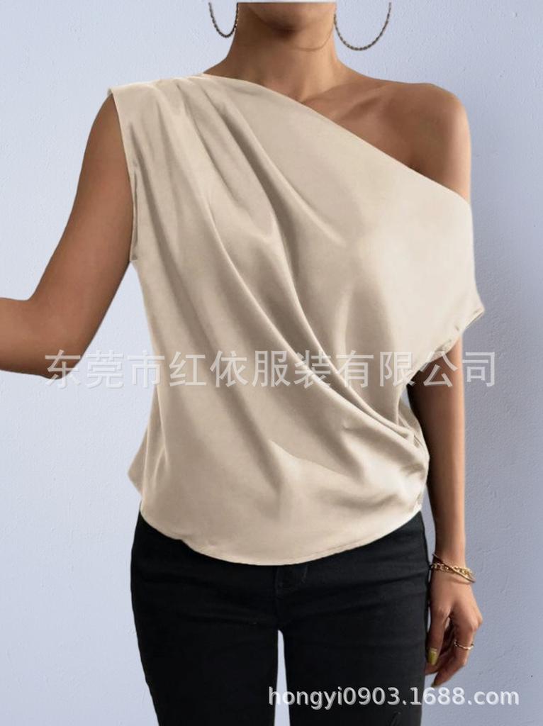 Women's Satin T-shirt Summer TK European and American Women's Clothing New Slanted Shoulder Solid Color Versatile Off-shoulder Top Women