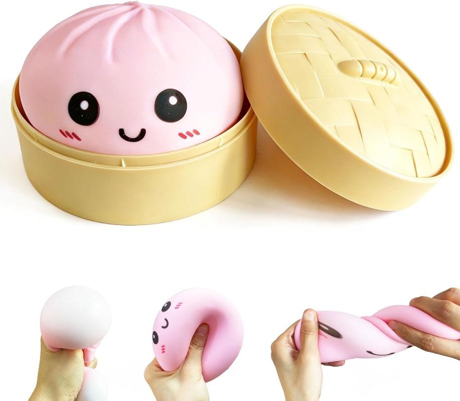 Kids Childrens Cute Dumpling Squishy Stress Relief Toy with Mini Steamer Soft Rebound Squeeze Ball Reusable Sensory Fidget Toy for Adults