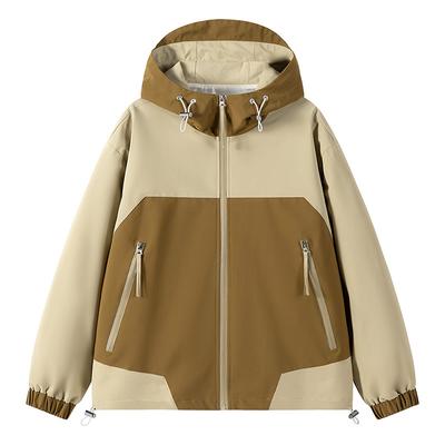 Chaquetas para hombre otoño nuevo americano retro costuras colores contrastantes guapo suelto casual chaqueta con capucha