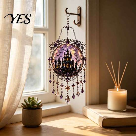 Retro Home Ornaments Halloween Crystal Window Suncatcher, Acrylic Witch Hanging Wind Chime, Decorative Seasonal Holiday Decor Ornament for Indoor