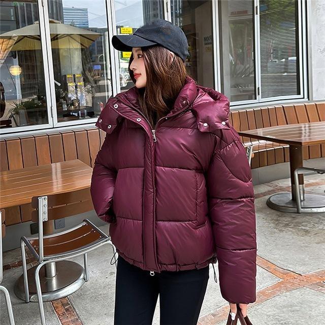 Women's Winter Puffy Hooded Puffer Jacket Solid Color Loose-Fit Short-Length Warm Jacket