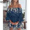 QICED Women Floral Print Mini Dress Summer Sexy Off Shoulder Flare Sleeve Tunic Dress Female Casual Boho Beach Dress