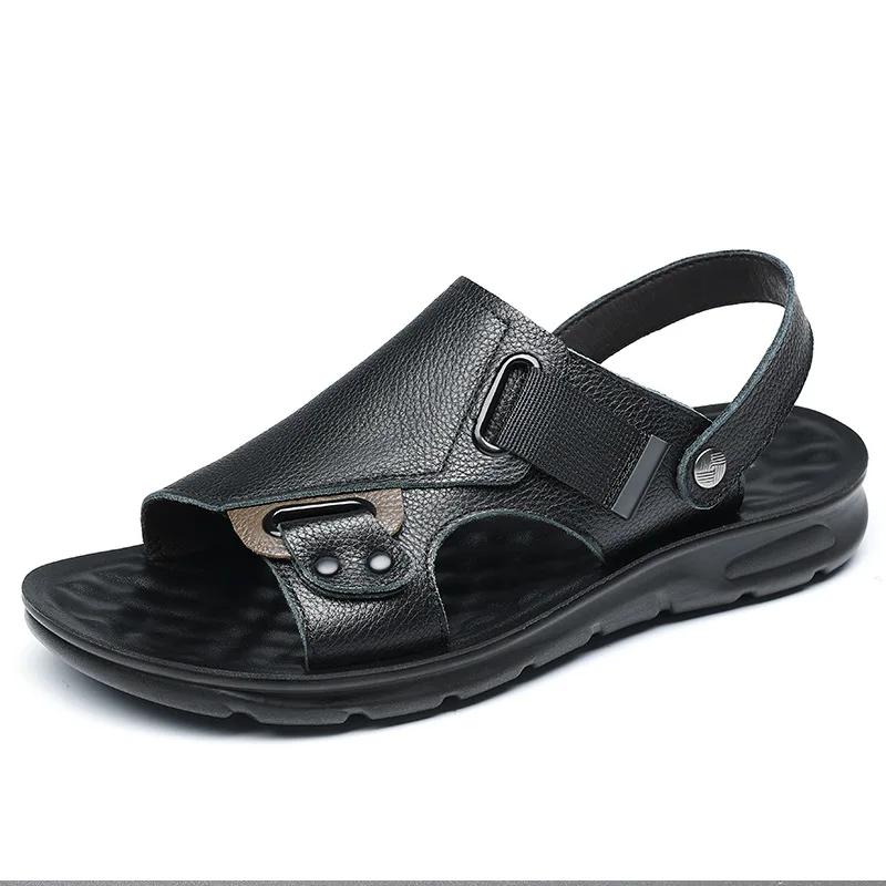 Fashion Men's  Dual-purpose Leather Men's Summer Fashionable Beach Shoes with Soft Soles and One-piece Sandals for External Wear