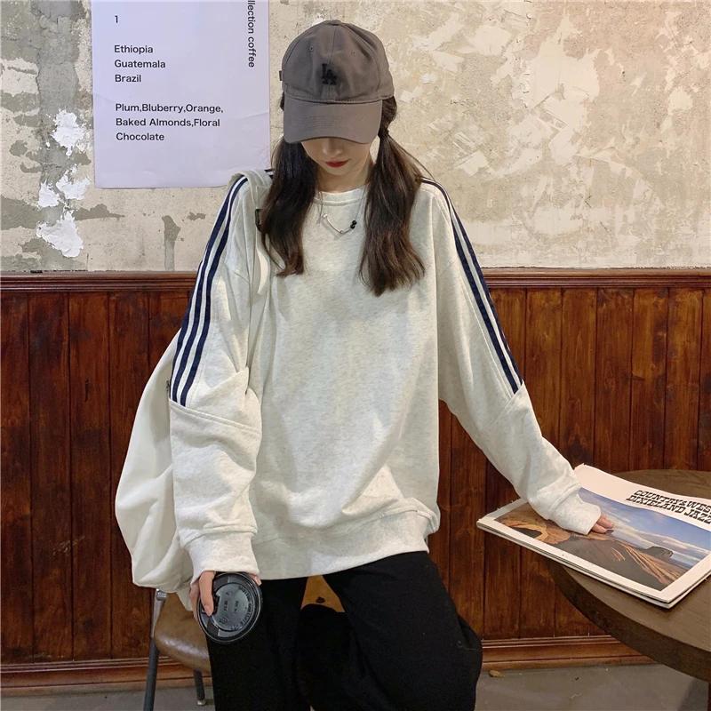 Autumn and Winter Sweatshirt Women Loose Striped Splicing Long Sleeve Tops Casual Versatile Female Winter Clothes Women