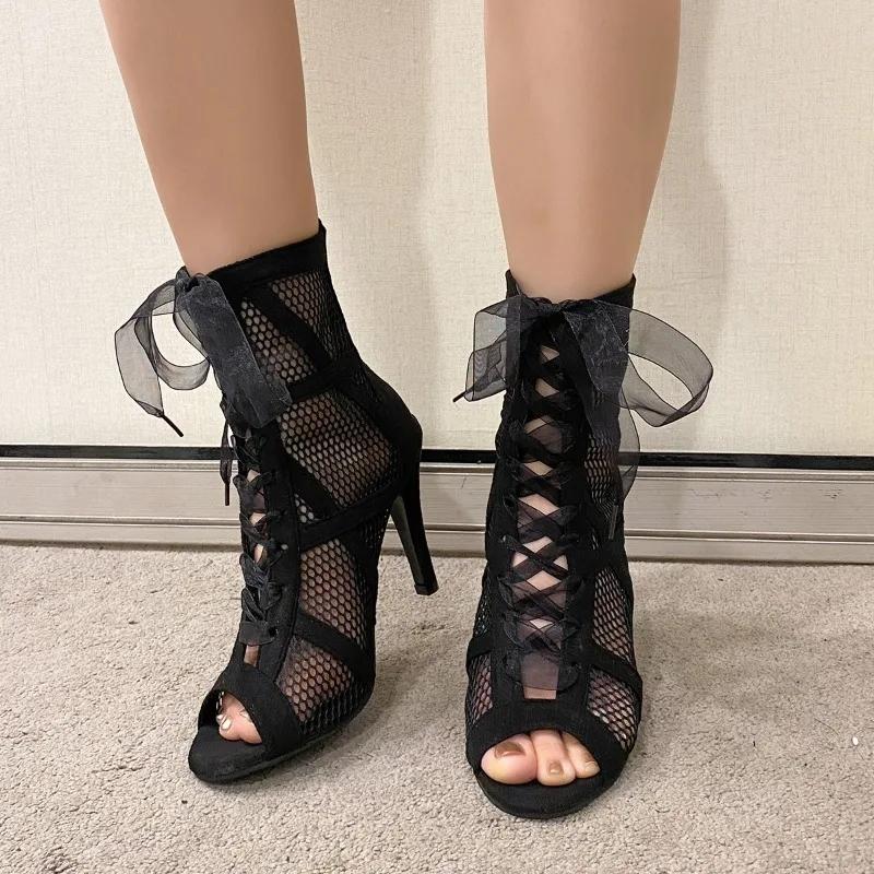 Black Open Toe Dancing Sandals Sexy Lace Up Women Shoes Comfort High Quality Thin Heels Ankle Strap Hollow Out Pumps