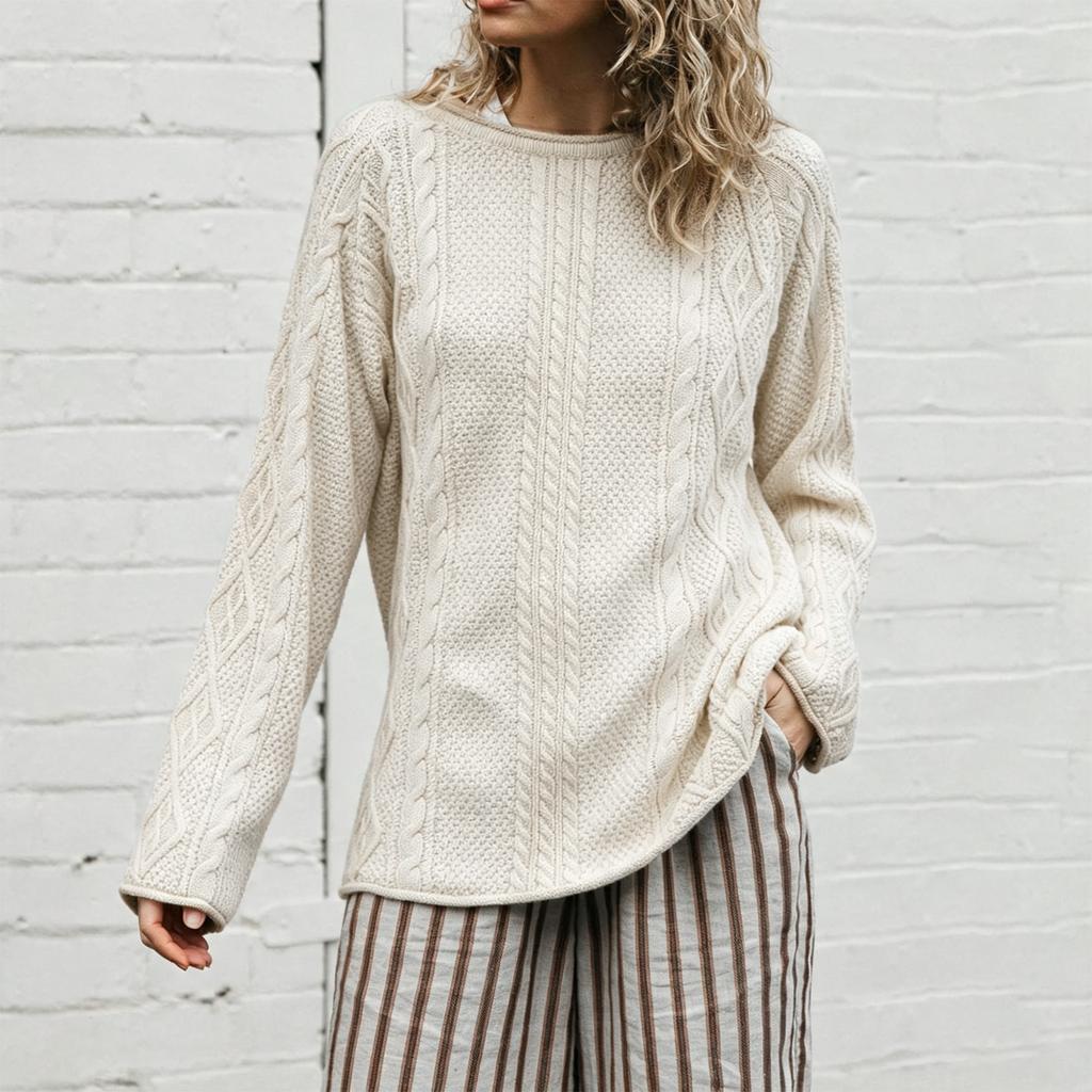 Women's Cable Knit Sweater, Color Long Sleeve Pullover for Fall Winter Casual Wear