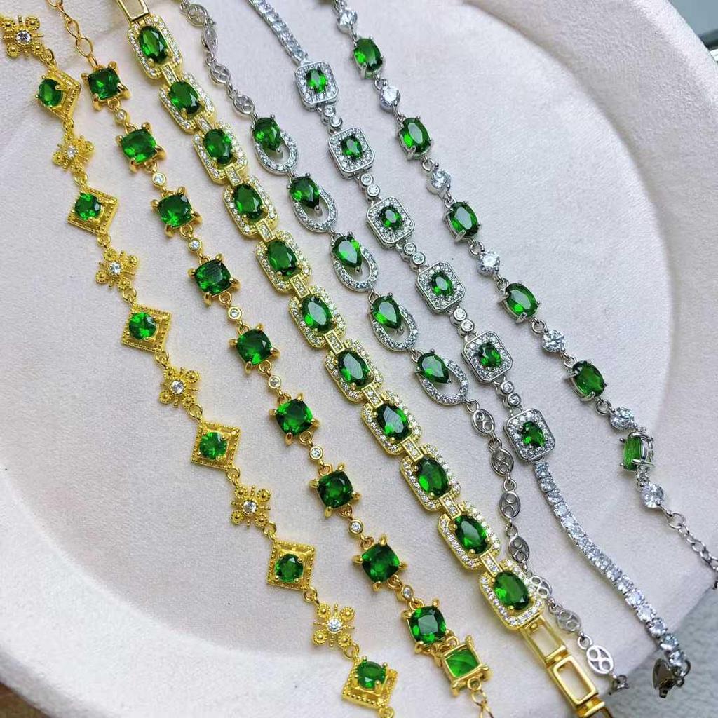 Luxusní Klasický Přírodní Diopsidový Náramek, Vykládaný Stříbrem 925, 5 mm, K dispozici v Různých Stylech