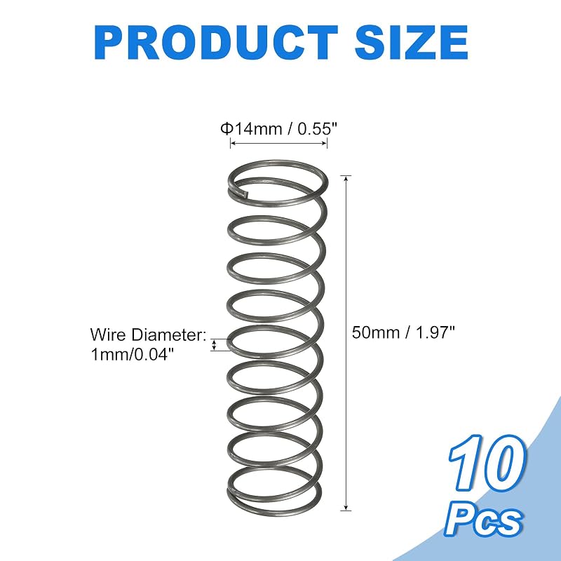 uxcell Compression Springs, 1mm Wire Diameter, 14mm Outer Diameter, 50mm Free Length, Small Compression Springs, Coil Springs, Carbon Steel, DIY Model