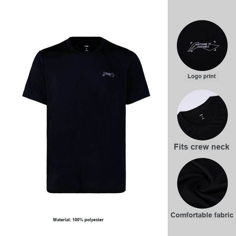 Li-Ning Fashion Versatile Solid Color Round Neck Short Sleeve T-Shirt Men tops Black ATSW663-1