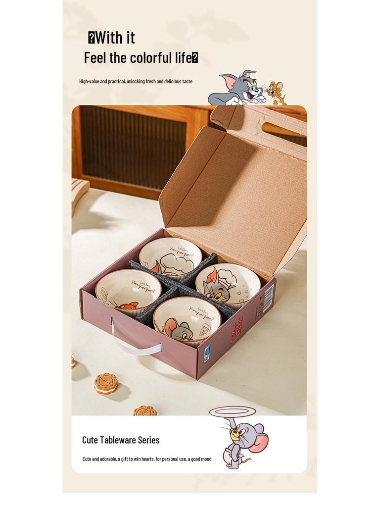 Tom & Jerry Ceramic Bowl and Plate Set: Cartoon Underglaze Color, Heat-Resistant, High-Value Tableware.
