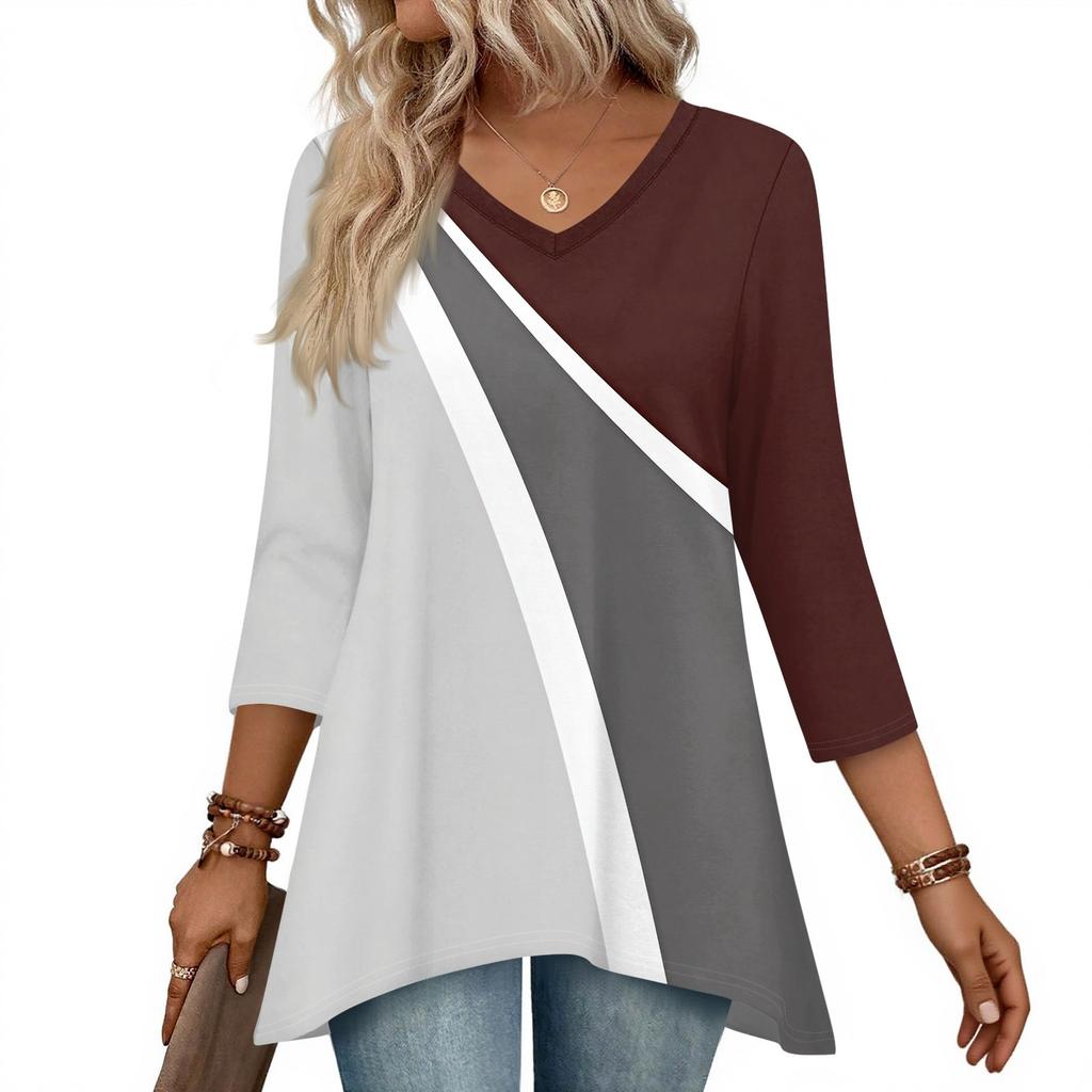 Dámské topy s výstřihem do V a 3/4 rukávem, ležérní košile střední délky, módní tuniky s potiskem