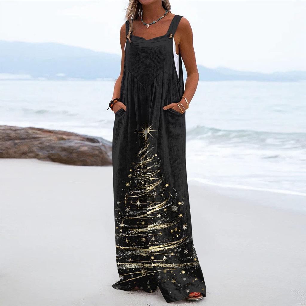 Women's Christmas Print Solid Wide Leg Strapless Tank Pocket Casual Onesie