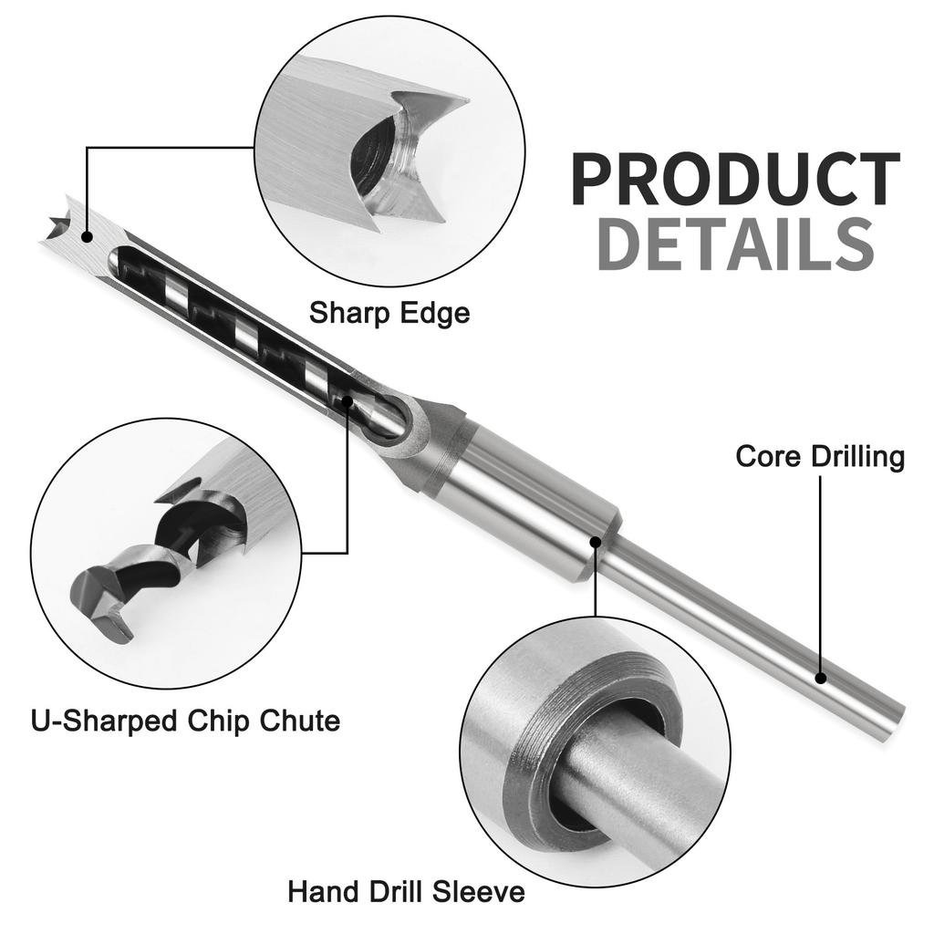 4Pcs Twist Drill Bits 6.4/8/9.5/10/12.7mm Square Hole Mortise Chisel Drill Bit Tools for Carving DIY Furniture