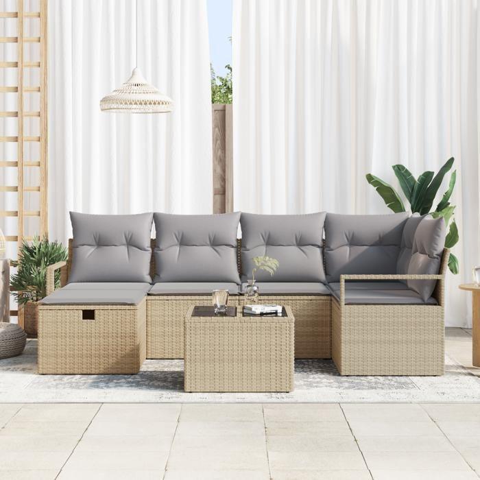 Ensemble de 7 pièces de canapé de jardin avec coussins beige poly rotin, Canapé de jardin 2 places avec rangement 3360521