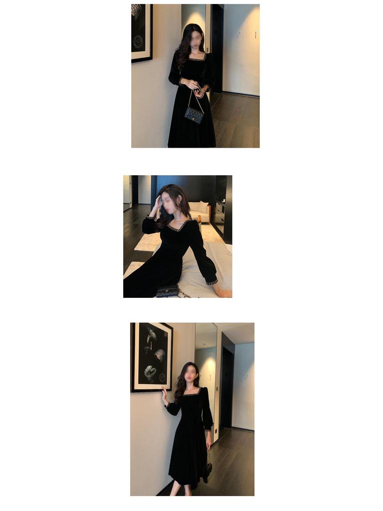 French Velvet Dress with Gold-Edged Square Collar - Retro Hepburn Style, New Spring/Autumn Collection, Black, Mid-Length Skirt