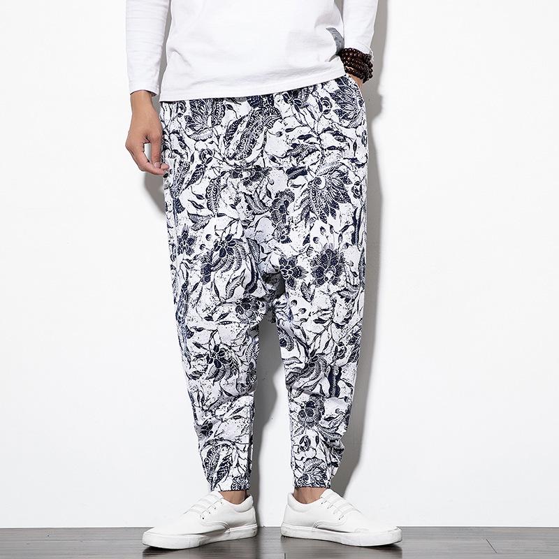 2026 Spring Men's Chinese-Style Cotton Linen Harem Pants - Printed Hip Hop Trousers