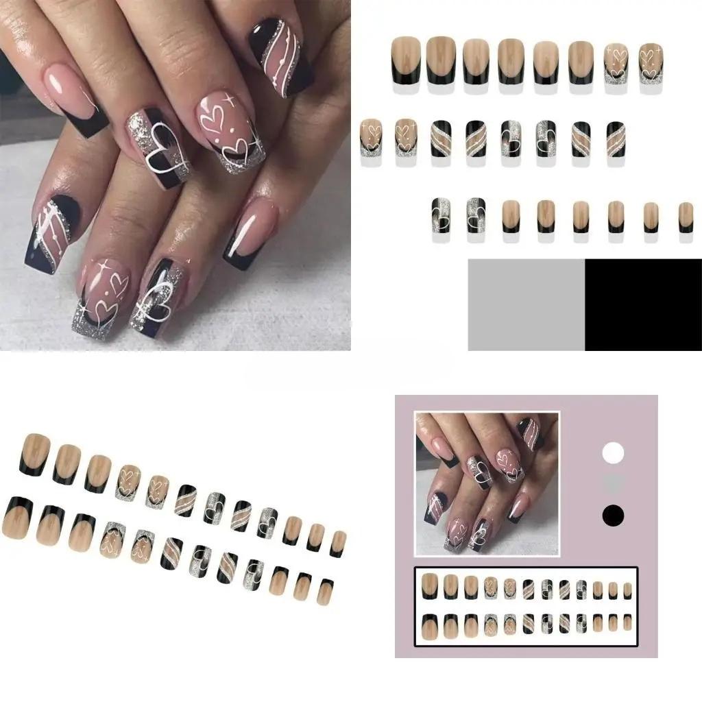 24 Pieces of Chinese Valentine's Day Simple Black and White Silver Graffiti Love Line Design, Wearing Nail Art, Nail Art, Fake Nails