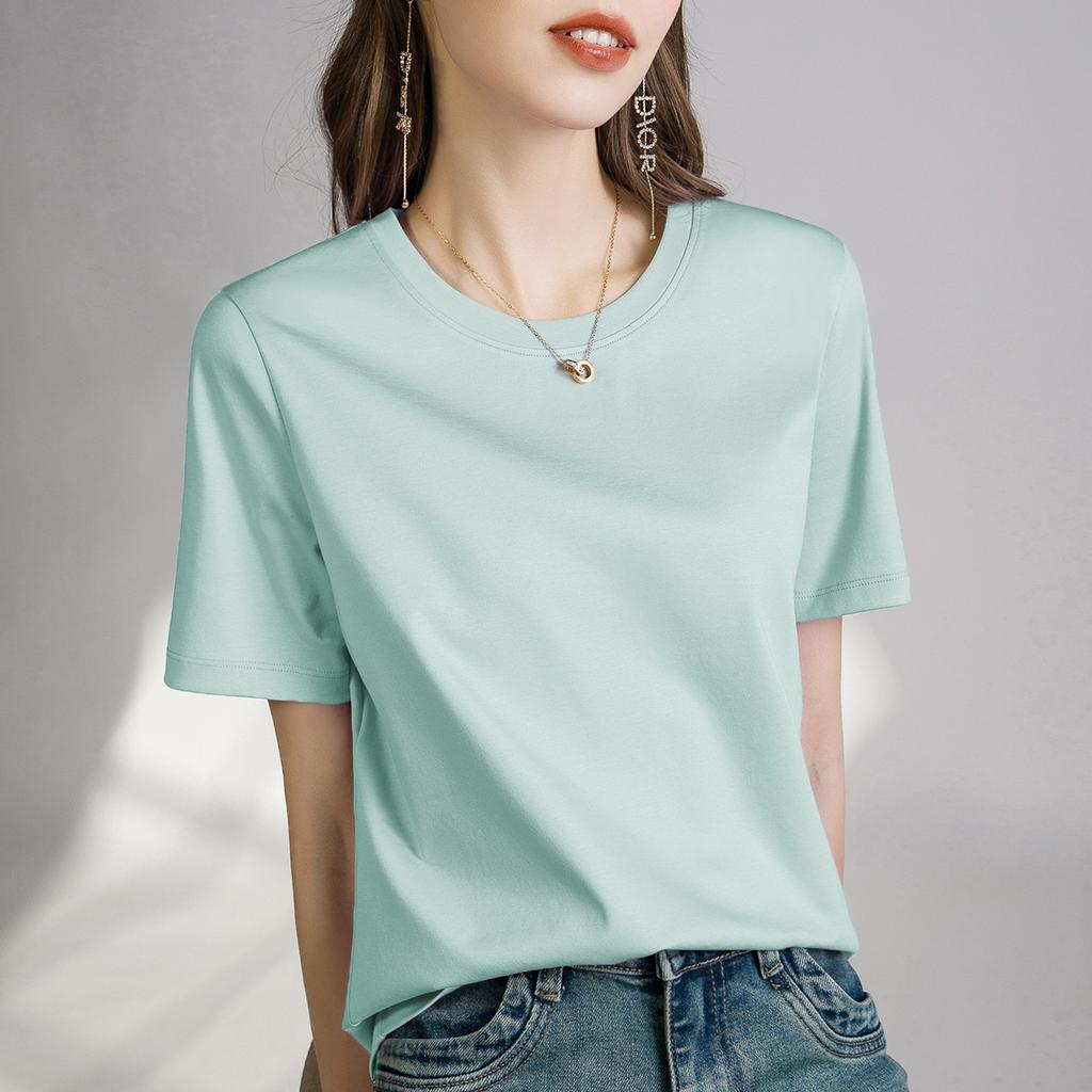 Dámské luxusní tričko s krátkým rukávem a kulatým výstřihem, jednobarevné, s polovičními rukávy a spodním dílem