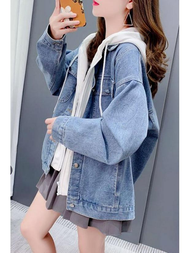 Women's Retro Denim Patchwork Sweatshirt Jacket - Fake Two-Piece, Loose & Versatile for Autumn/Winter 2025