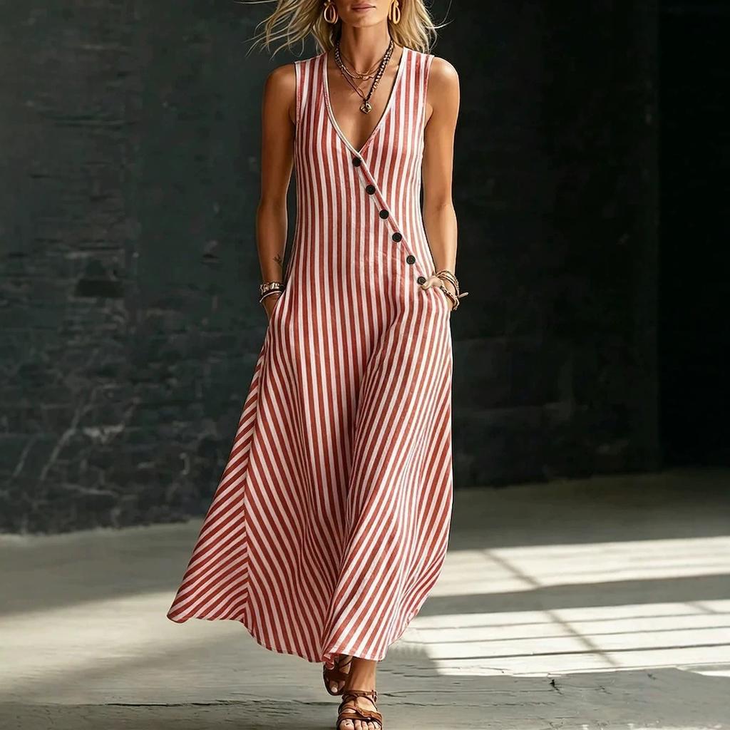 Spring Summer Sleeveless V Neck Striped Midi Dress Button Down Lazy Style Crossborder Women Dress