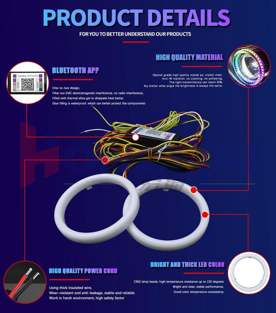 WANGHOI LED Angel Eye Headlight: Bluetooth-Controlled Color-Changing Daytime Running Lights