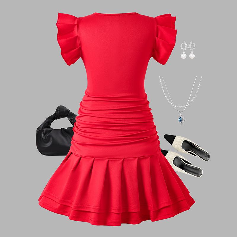 Girls' Princess Dress 2025 Summer Children's Fashion Short-sleeved Ruffled Bottom Wrap Fishtail Dress