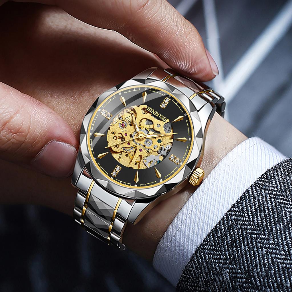 BINBOND Luminous Waterproof Automatic Tourbillon Men's Watch Reloj Skeleton Authentic Mechanical Wristwatches For Men Luxury