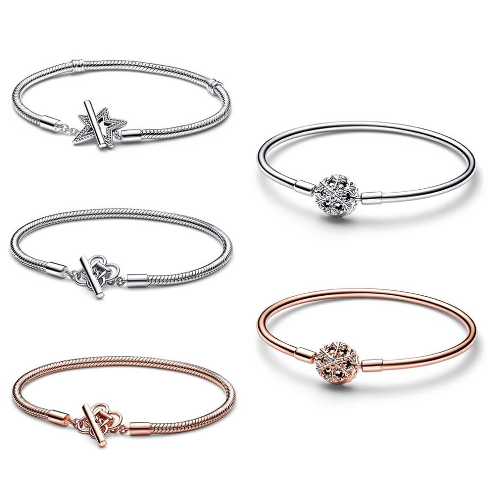 925 Sterling Silver Asymmetric Star T-bar Snake Chain Bracelet Fit Women Bead Charm Jewelry