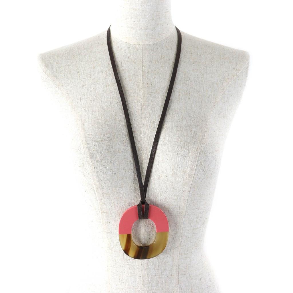 Excellent HERMES Necklace Ism Bicolor Pendant Wood Beige Pink Buffalo Horn Women Used