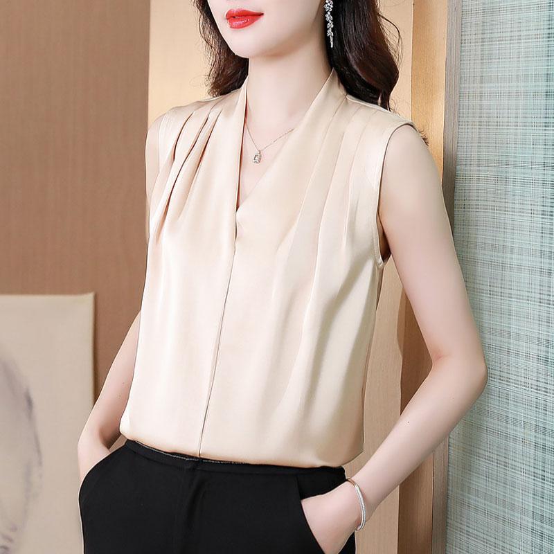 Elegant V-Neck Fashion V-Neck Blouse Women's Clothing Solid Color French Style Summer Sleeveless Commute Basic Spliced Shirt New