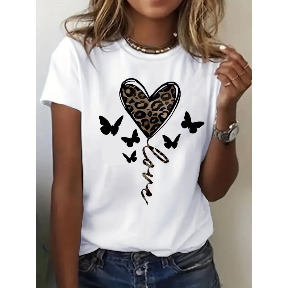 Leopard Love Print with Butterfly 90s Casual Fashion T-shirt Print Sleeve Summer Ladies Harajuku Sleeve Clothes