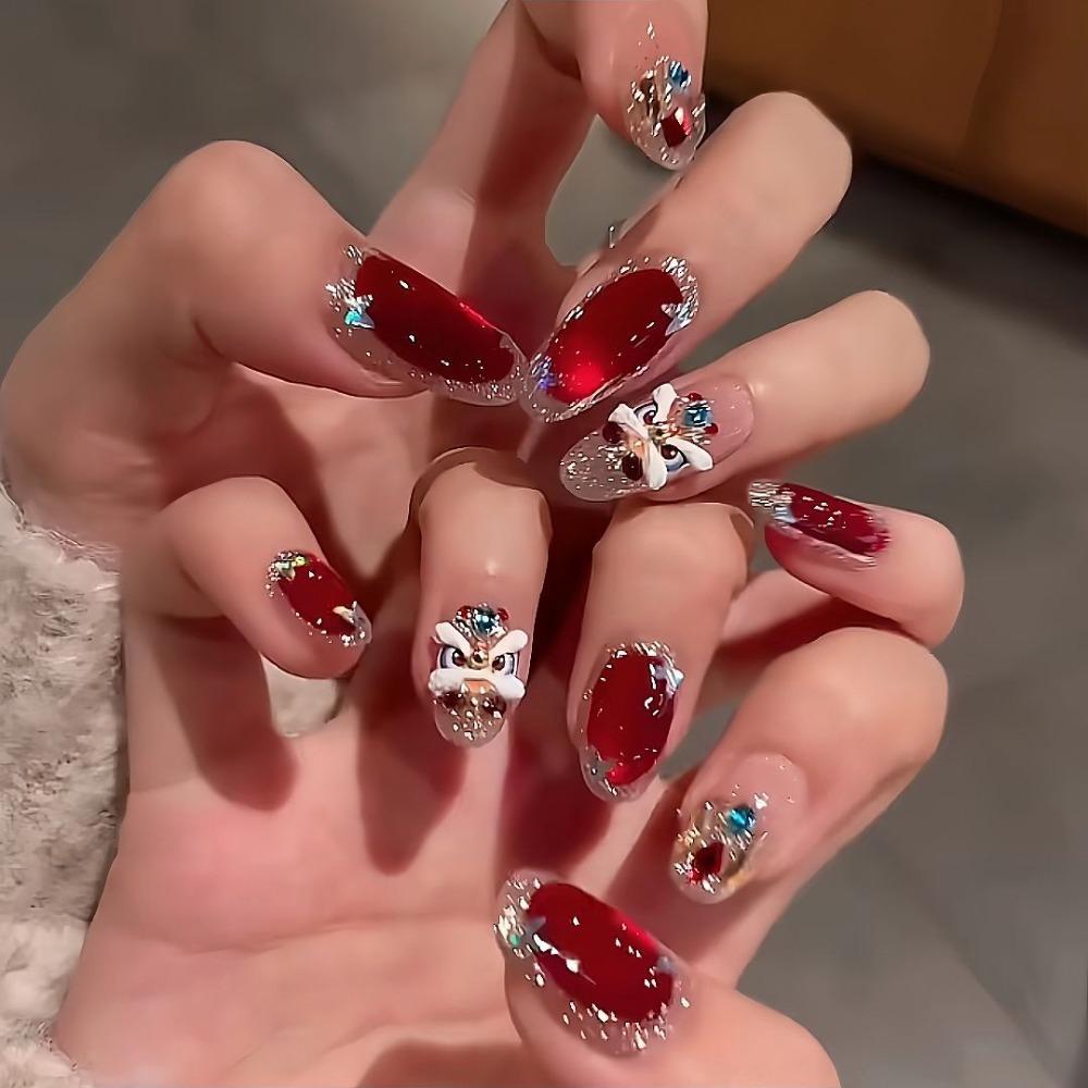 2026 New Year's Wear Nail Lion Nail Art Pure Handmade Cat's Eye Nail Art Handmade Fake Nail Patch Removable