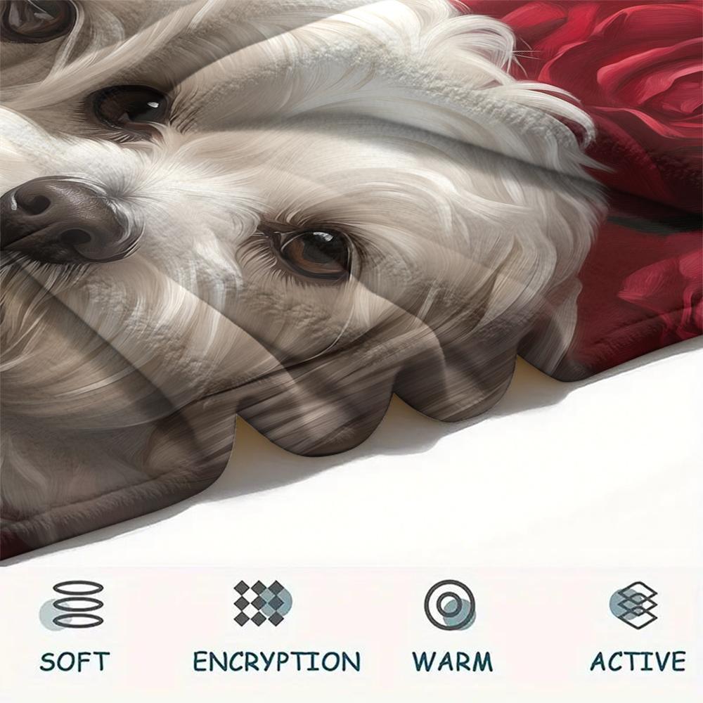 Maltese dog and roses,pattern Flannel Blanket, High quality Comfortable for All Seasons, Home Decor, Warmth and Comfort, Perfect for Gifts.