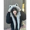 Unisex Black Suede Cat Ear Hooded Jacket with Eagle Fur Collar - Winter Thickened Coat