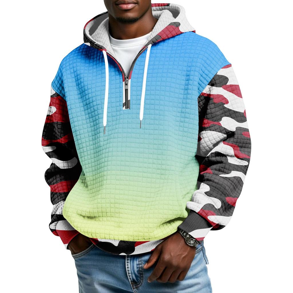 Sudadera Deportiva Casual para Hombre con Capucha y Media Cremallera a Cuadros con Cordón y Estampado