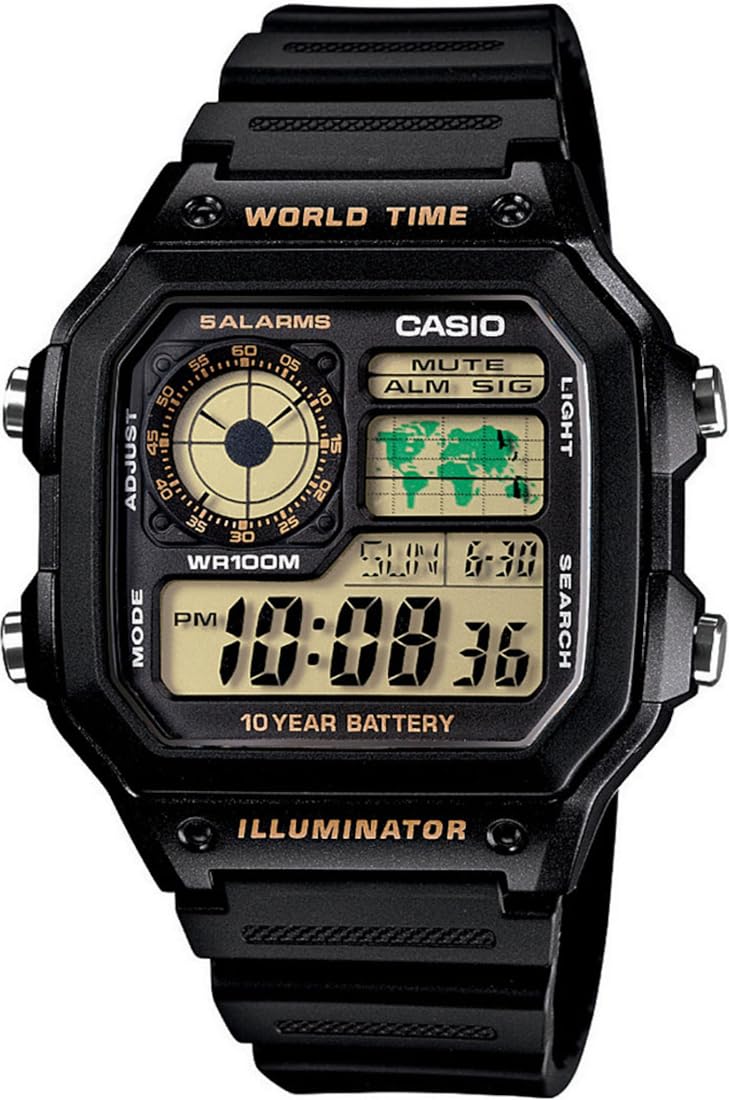 

Casio AE-1200WH-1BV World Time Digital Wristwatch with Black and Gold LCD Display, Overseas Model [Parallel Import]