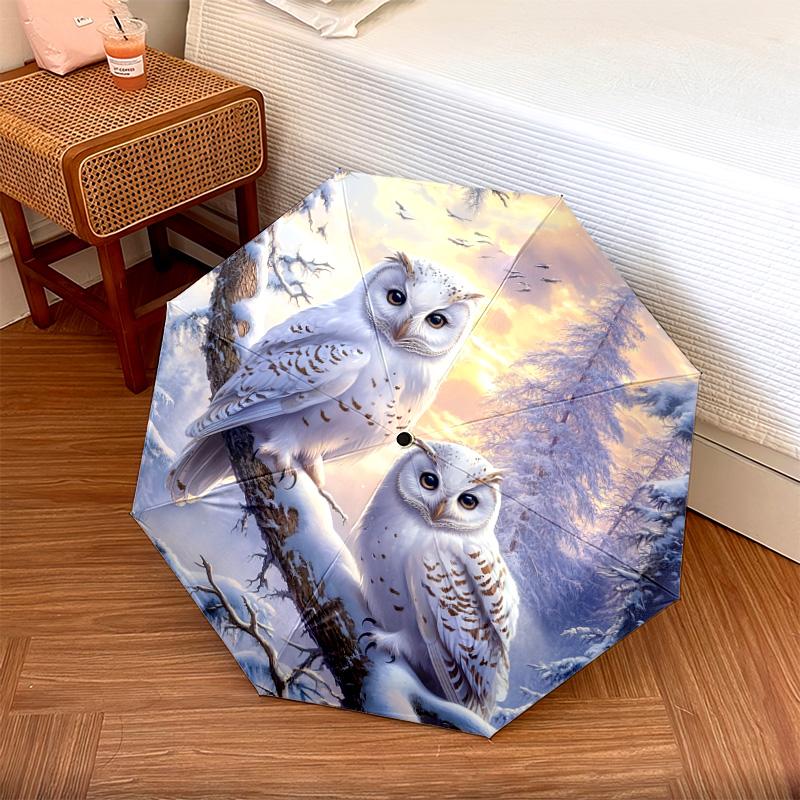 1 PC Automatic Folding Umbrella - Winter Snowy Owls Pattern, Portable & Foldable Design with 8 Ribs, Christmas Birthday Gifts