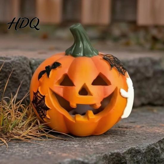 Buitenhars Herfstdecoratie Spookachtige Verlichte Pompoen Beeldje, Halloween Gegraveerd Verlicht Weerbestendige Accenten Beeld voor Tafelblad Binnen Tuin