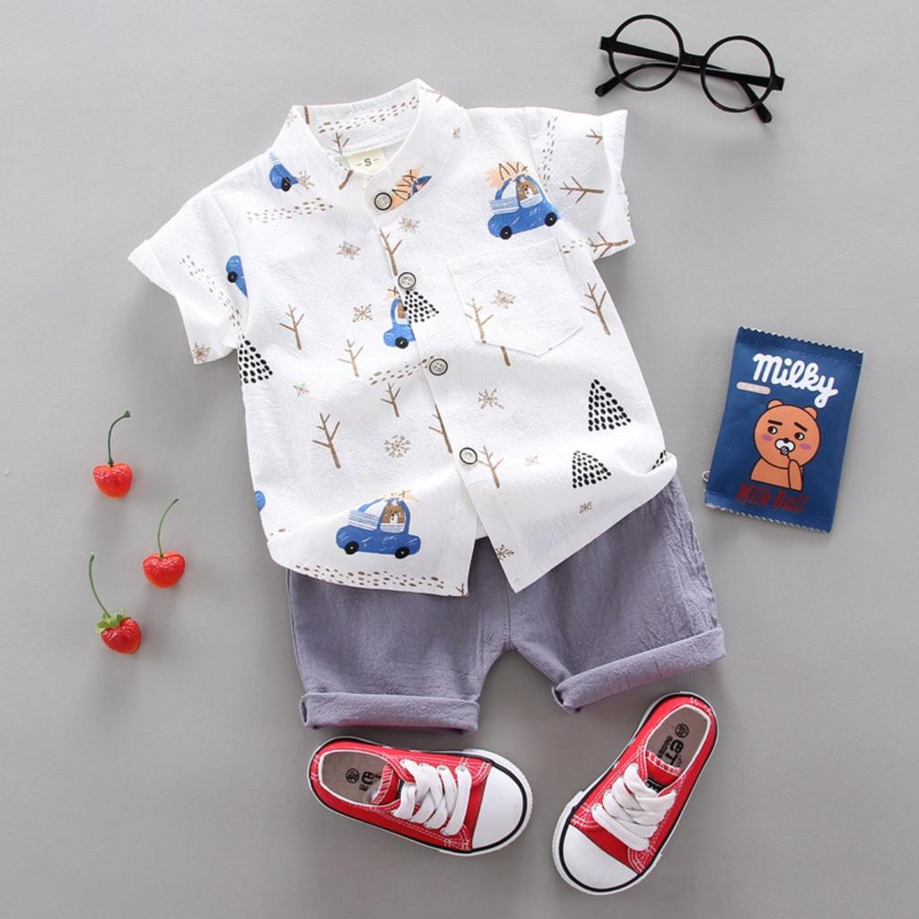 Summer Printed Pyramid Shirt Short Sleeved Shorts Set for Male and Female Infants and Young Children