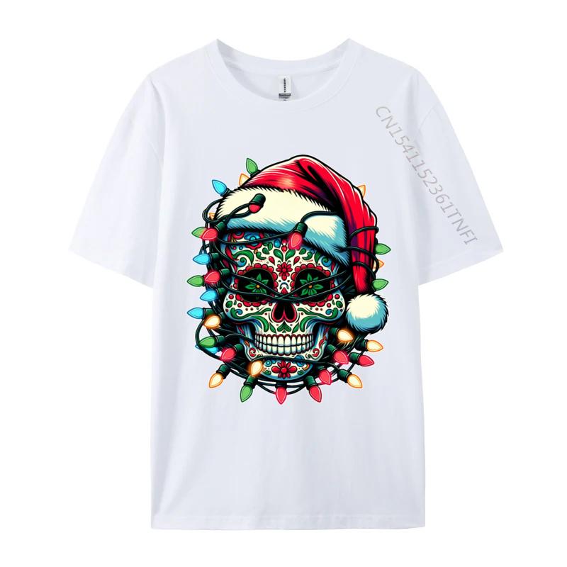 Weihnachten Zuckerschädel Weihnachtsmannmütze Lichter Tag der Toten X-Mas T-Shirts Herren T-Shirt Tops Baumwolle Oversized T-Shirt Herren Kleidung
