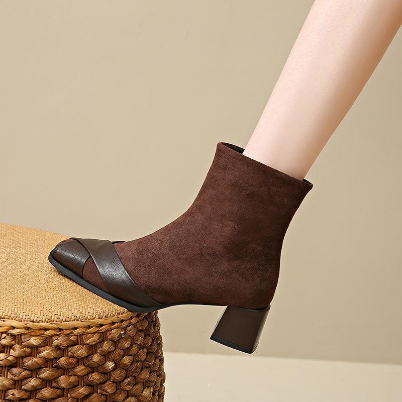 

Square head short boots children thick heel new autumn and winter Martin boots temperament thin boots short tube thin elastic boots 39 коричневый