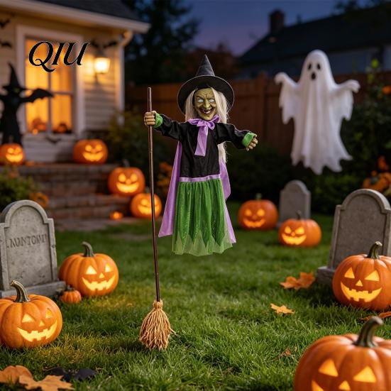 Halloween Witch Party Supplies Animated Decoration, Sound Activated Lighted Haunted House Prop, Long-lasting Decoration Creepy Flying with Broom