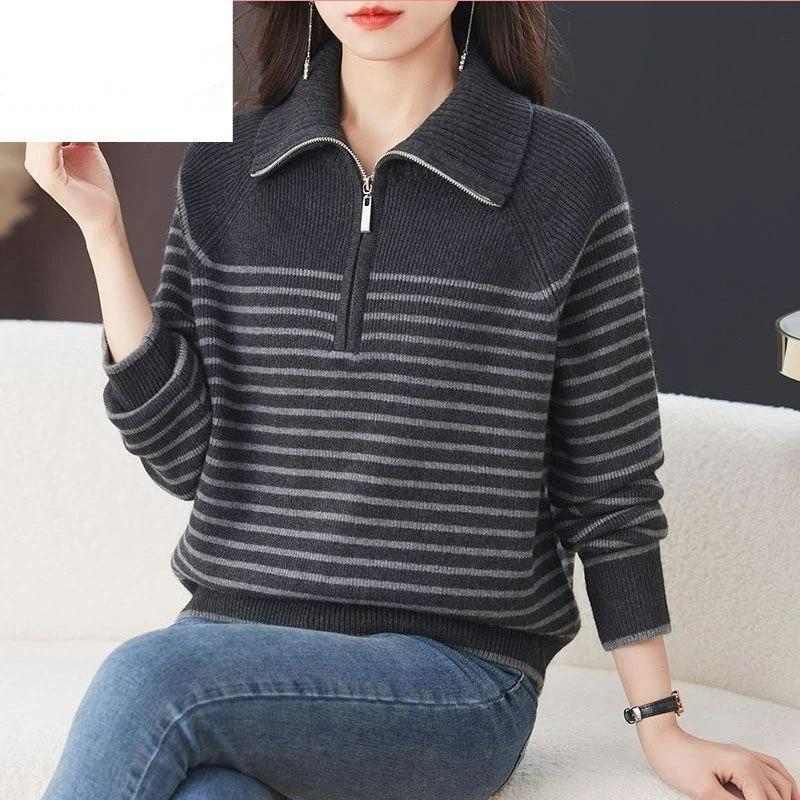 Women's loose striped spring and autumn bottoming sweater top