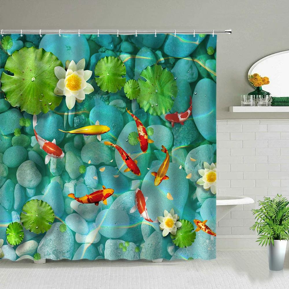 Modern Chinese Style Koi Fish Scenery Shower Curtain Bathroom Screen Waterproof Fabric Background Wall Decor Hanging Curtains