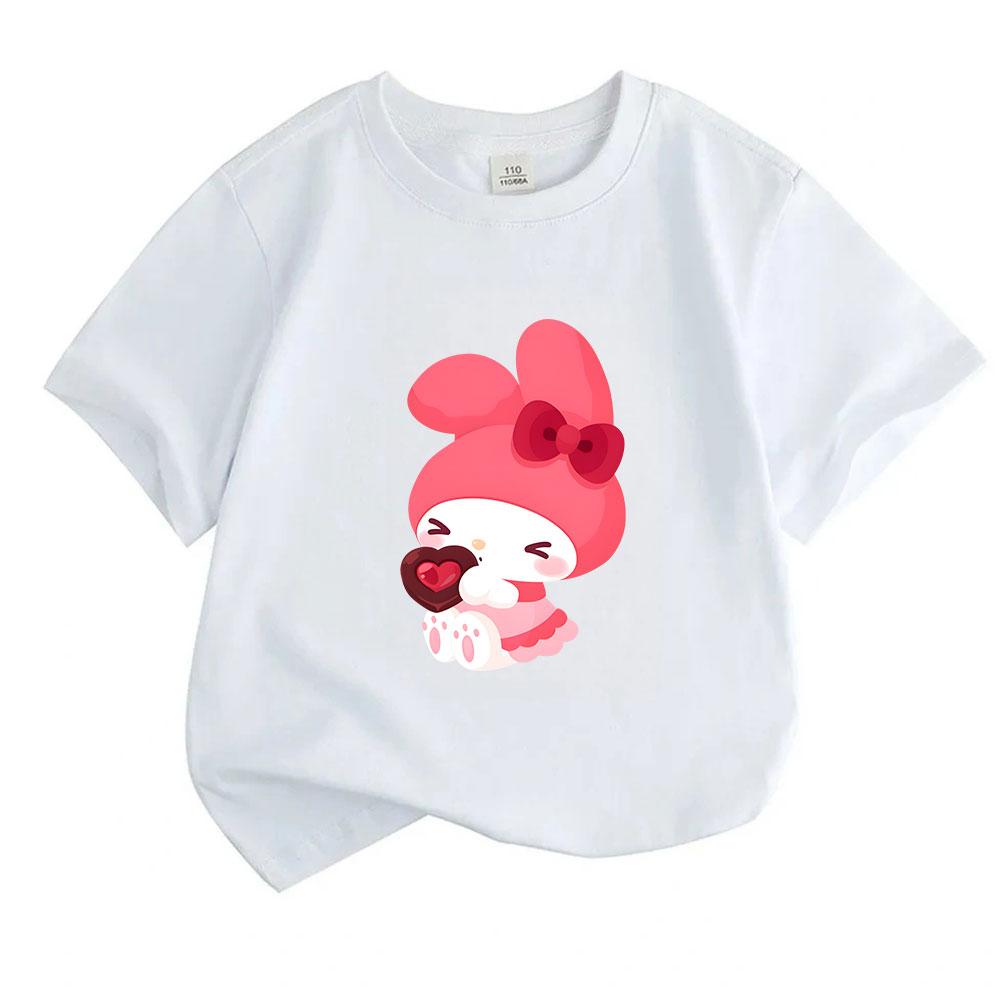 Cute Cartoon Bunny Heart Chocolate Print Kids 100% Cotton T-shirt Boys Girls Casual Crew Neck Short Sleeve Soft Breathable Summer Trendy Daily Wear Cu