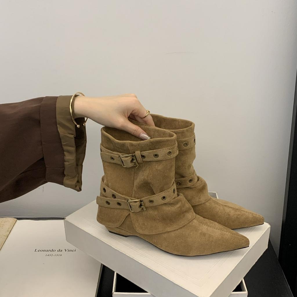 2025 new retro and thin versatile low-heeled pointed western boots women's suede autumn and winter short boots fashion